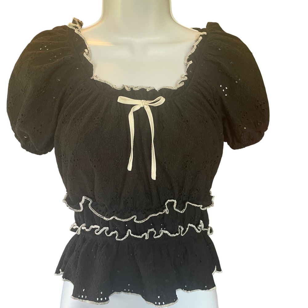 Women Y2K Whimsigoth Milkmaid Top Black Eyelet Ruffle Puff Sleeve Small Coquette